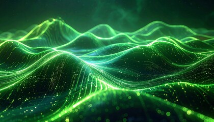 An abstract, glowing landscape of undulating green lines and scattered particles, creating a futuristic, ethereal ambiance