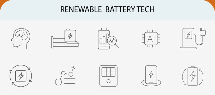 Renewable battery tech AI optimization energy cycle line icons