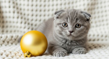 Cute scottish fold kitten lying near a golden christmas ornament on a knitted white blanket background