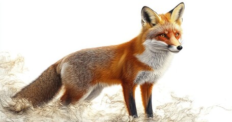 alert red fox standing on wispy smoke, detailed fur and bushy tail, calm curious expression