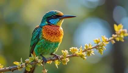 Fototapeta premium ​A striking and detailed close-up of a colorful tropical bird, likely a Bee-eater, perched on a thin, flowering branch.