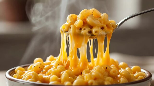 Steaming hot macaroni and cheese with gooey melted cheddar cheese stretching from a fork