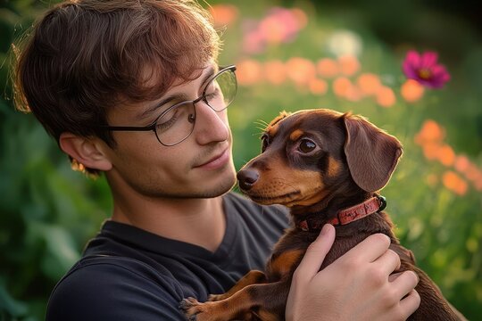 Young man with glasses holding and looking lovingly at a small brown dachshund dog in a garden with colorful flowers in the background
