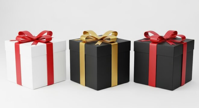 Three square gift boxes with ribbons and bows in a row, one white with red ribbon, two black with red or gold ribbon, isolated on white background