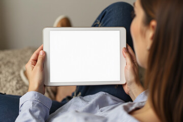 Top view mockup image of a woman holding digital tablet with blank desktop screen.