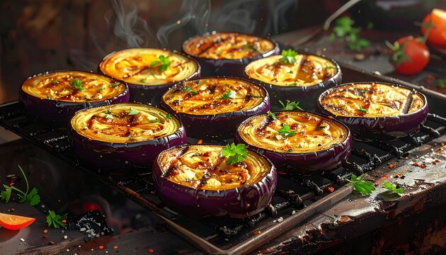 Close-up of grilled, sliced eggplants on a metal grill, garnished with fresh herbs, with tomatoes in the background. Smoke rises from the food