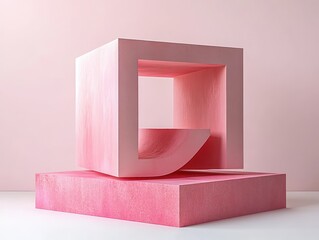Abstract pink geometric sculpture with a hollow cube and curved interior element on matching rectangular base against soft pink background