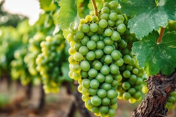 Close-up of ripe green grapes hanging in bunches on a vine with textured leaves and bark in a sunlit vineyard