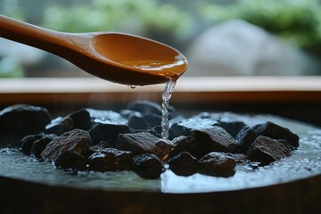 Wooden ladle pouring water gently over black stones in a shallow basin with natural green background creating a calm and serene atmosphere
