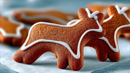 Close-up of two gingerbread cookies shaped like dogs, decorated with white icing. The cookies are on a light-colored surface, with more cookies blurred in the b