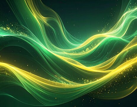An abstract image features undulating waves of neon green and yellow light against a dark teal background. Sparkles drift