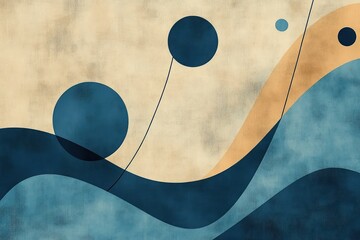 Abstract composition with flowing curved shapes and overlapping blue circles connected by thin lines on a textured beige background