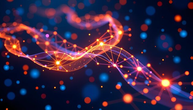 Abstract Digital Wave with Colorful Particles and Light Effects in a Dark Background Representing Data Flow and Technology Concepts