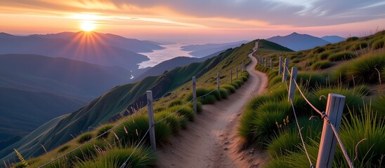 Scenic mountain trail path leading towards stunning sunset with sun rays illuminating the landscape and peaceful water view in the background