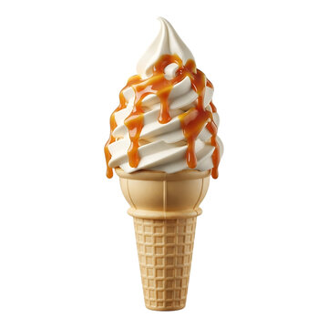 Delicious vanilla soft serve ice cream cone drizzled with caramel sauce