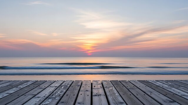 Empty wooden terrace floor with a beautiful view of the sea during a soft sunrise or sunset on the horizon - Powered by Adobe