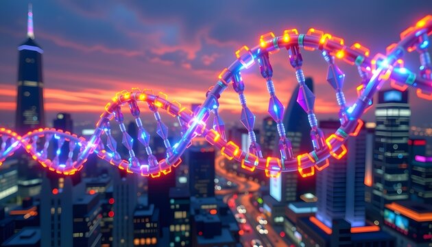 Futuristic DNA Helix with Neon Colors Over a Cityscape at Sunset, Symbolizing Genetic Research, Technology, and Urban Innovation