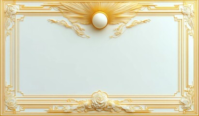 ornate rectangular ceiling panel with intricate gold floral and geometric molding surrounding a central circular light fixture with radiating gold leaf design on a pale background