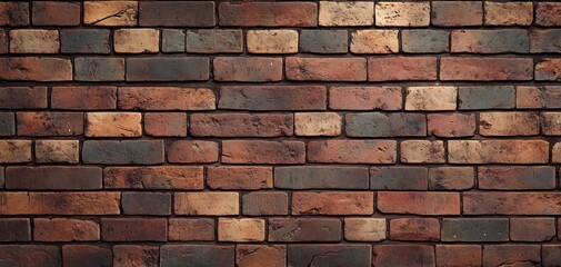 Close-up view of a textured brick wall with varying shades of red, orange, brown, and gray bricks arranged in a horizontal pattern