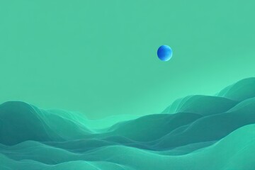 Abstract digital landscape of smooth flowing hills under a clear turquoise sky with a bright blue sphere floating above, evoking tranquility and surreal calmness