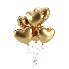 Bunch of golden heart-shaped balloons tied with a ribbon on a white background metallic isolated on a transparent background