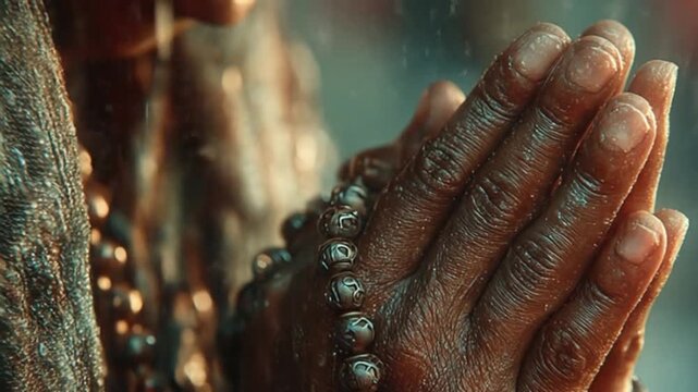 Praying hands with rosary beads detail symbol of faith and spirituality