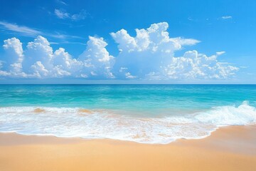 Fototapeta premium Bright sunny day at a peaceful beach with soft waves gently rolling onto golden sand under a vibrant blue sky filled with fluffy white clouds