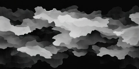Abstract painting of layered monochrome clouds in varying shades of black, white, and gray creating a textured, moody atmosphere