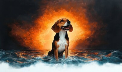 happy beagle dog standing in ocean waves with dramatic fiery sunset sky in background conveying warmth and joy