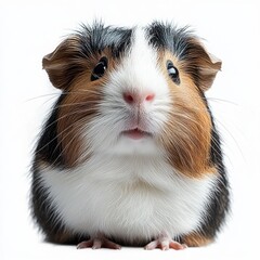 Close-up of a cute guinea pig with tricolor fur looking upward against a white background, showing its soft fur, pink nose, and whiskers