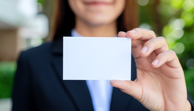 Business Card Presentation: A professional woman in a sleek business suit, extends a blank business card to the viewer. Ideal for mockups, this image exudes corporate sophistication.