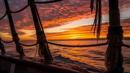 Sailing into a breathtaking sunset over the ocean on a traditional sailing ship