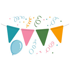 Colorful Party Banner with Balloon and Confetti Decorations Keywords: party banner, bunting, balloon, confetti, streamers isolated on a transparent background