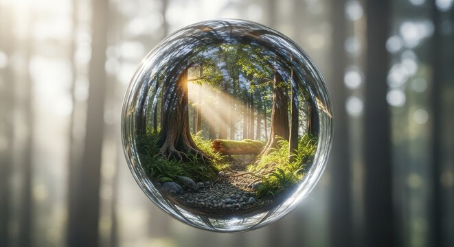 Clear sphere captures inverted image of sunlit woodland path surrounded by hazy forest
