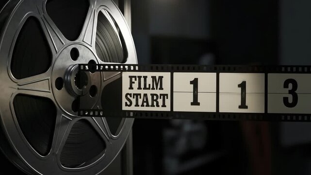 Vintage film reel countdown timer with FILMSTART" text and numbers 3 2 1 indicating