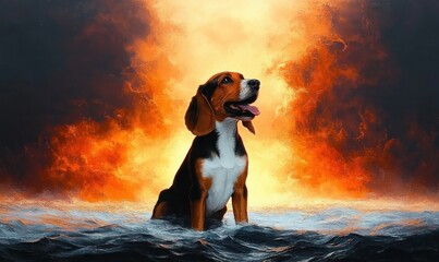 beagle dog sitting in water with open mouth and bright intense fiery background creating dramatic and hopeful mood