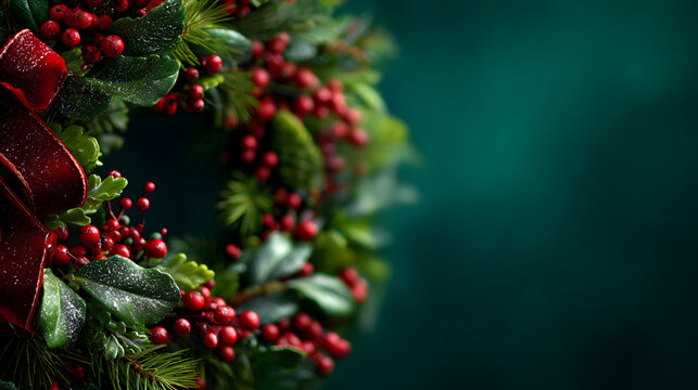 Christmas wreath with red ribbon and berries on dark green background
