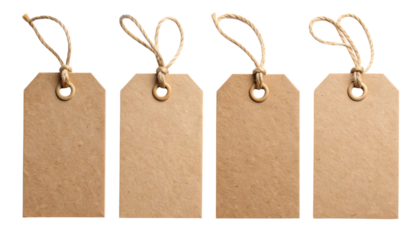 Blank Brown Paper Gift Tags with String Quad Set, isolated on transparent background
