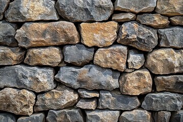 Close-up view of an uneven rustic stone wall made of variously shaped and sized natural brown and gray stones fitting closely together