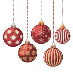 Five Red and White Striped Christmas Ornaments with Patterns Keywords: Christmas, ornament, decoration, holiday, festive isolated on a transparent background