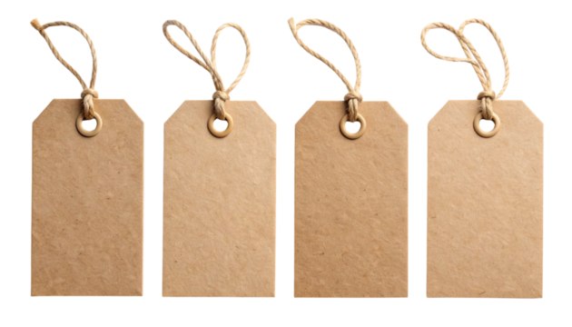 Blank Brown Paper Gift Tags with String Quad Set, isolated on transparent background