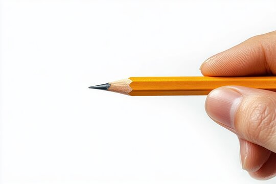 Close-up of a hand holding a sharpened yellow pencil against a white background with a focused and precise feeling