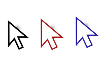 Set of colored arrow cursor icons with black, red and blue outline pointers on white background