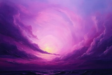 Vibrant purple and pink sunset over a dark ocean with swirling clouds creating a dramatic and serene atmosphere