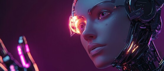 Close-up of a futuristic female robot with glowing neon lights on face and mechanical hand, expressing curiosity and technological sophistication in a dark purple background
