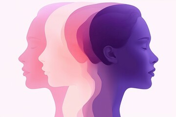 Three overlapping semi-transparent female profiles facing right with closed eyes in shades of purple and pink conveying calmness and introspection