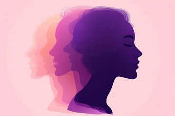 Abstract illustration of multiple translucent female profiles in varying shades of pink and purple with peaceful expressions on a soft pink background