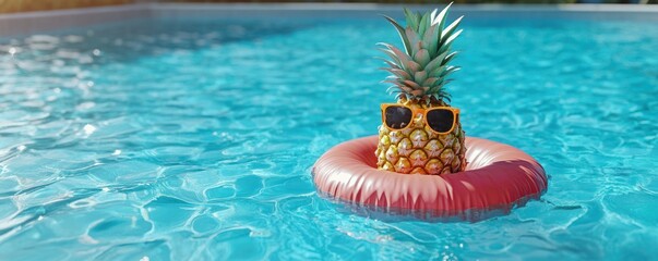 Pineapple wearing orange sunglasses floating in a pink inflatable ring on a bright blue pool under sunlight
