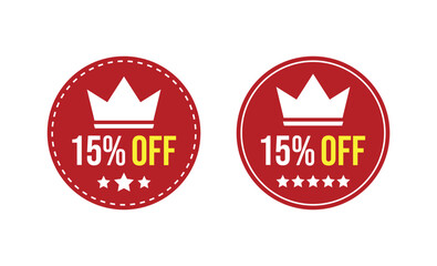 Obraz premium Fifteen Percent Off Design, Red Circular Badge with Crown, Stars, White Background