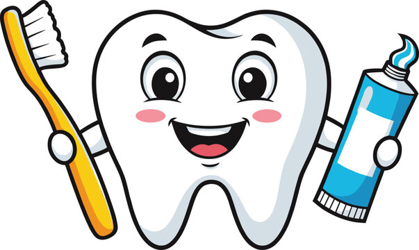 Cute smiling tooth cartoon holding toothbrush and toothpaste, dental hygiene illustration for kids, dentistry education, oral care promotion and health graphics